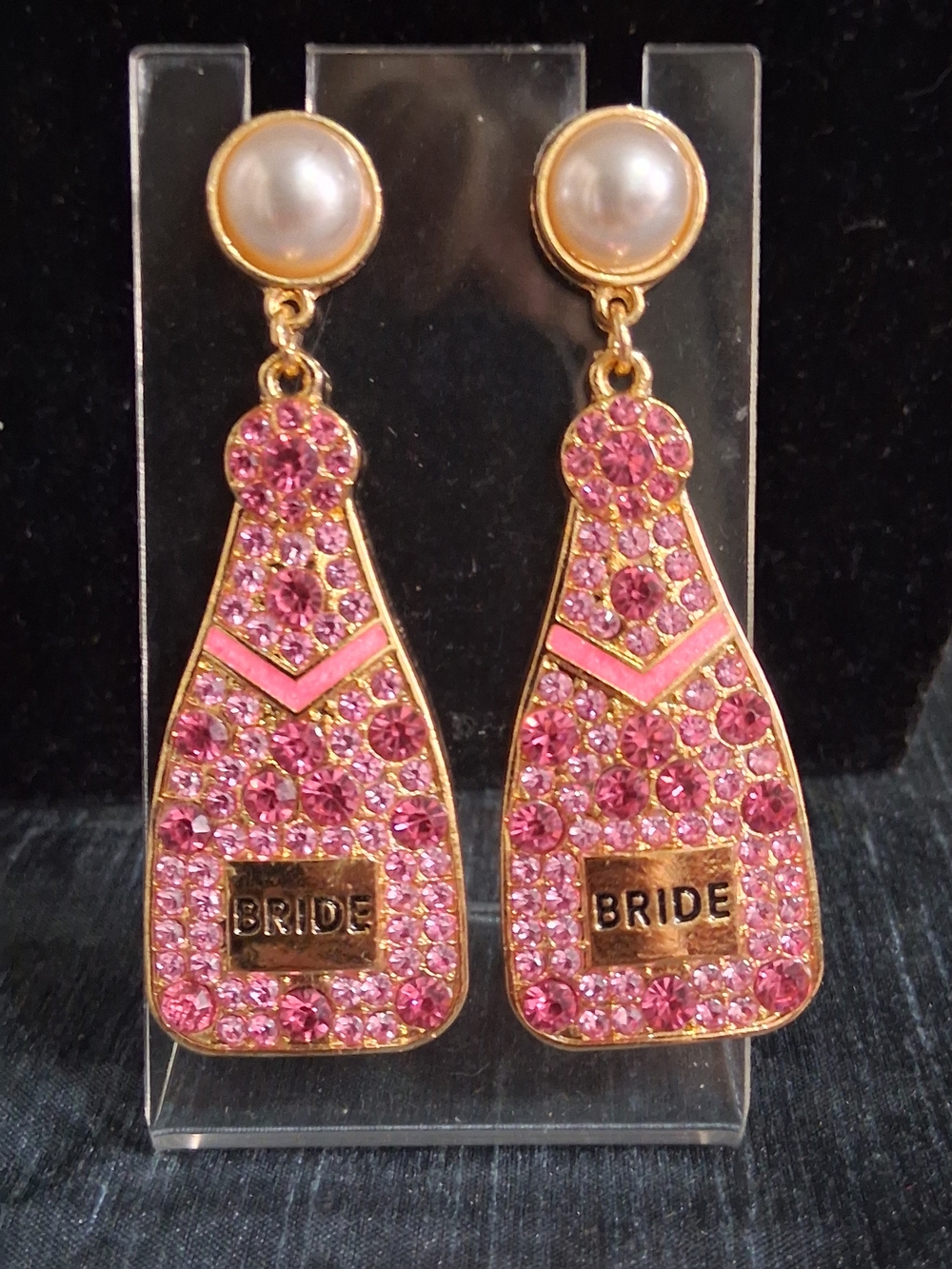 Pink Rhinestone Bride Champagne Bottle Drop Gold Tone Earrings | Bridal Shower